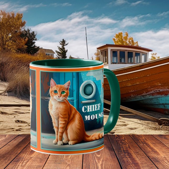 Colourful Artistic Cat Nautical Boat Mug (Nautical mug showing a painting of a ginger cat in a harbor - beach house - cat lover - boat - ship)
