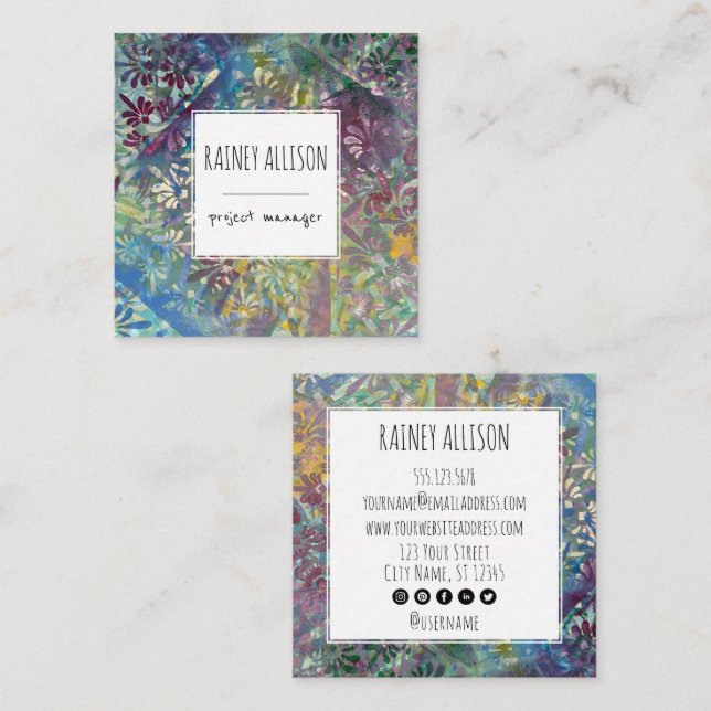 Colourful Artistic Funky Style with Social Icons Square Business Card (Front/Back)