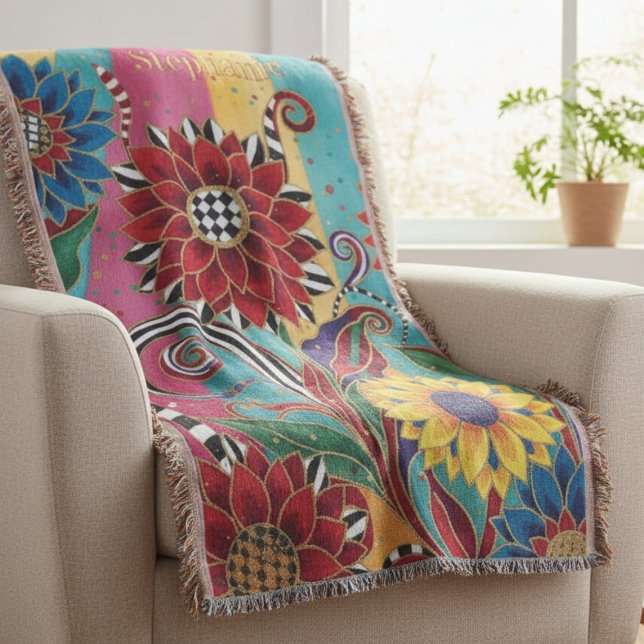 Colourful Artistic Garden Bloom Throw Blanket (Bright Whimsical personalized throw)