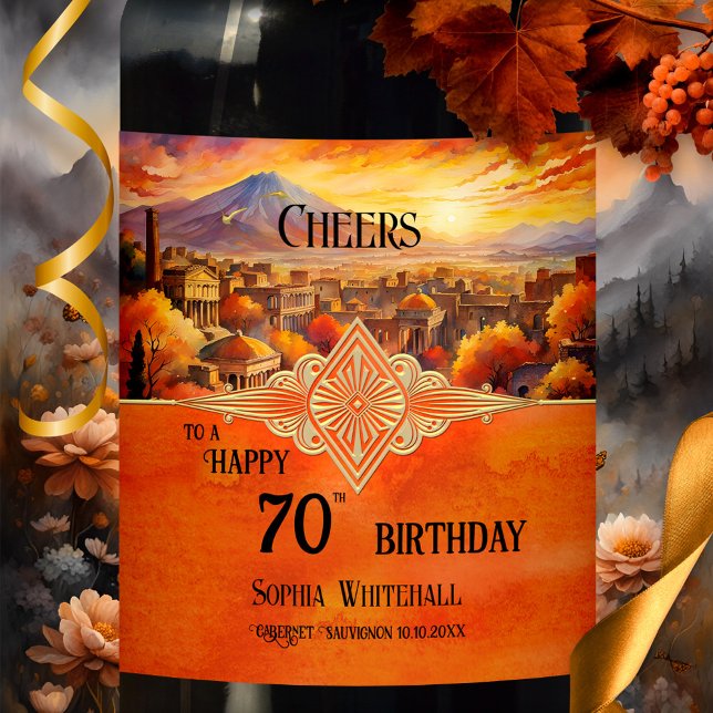 Colourful Artistic Happy Birthday Wine Label (Birthday wine label showing a watercolor Italian town at sunset with art deco gold design on orange)