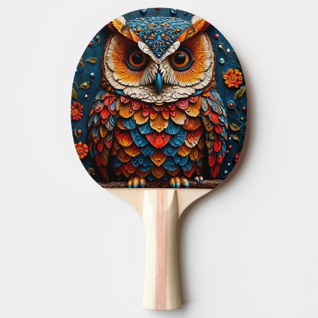 Colourful Artistic Owl Ping Pong Paddle (Front)