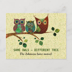 Colourful Artistic Owls New Address Announcement Postcard