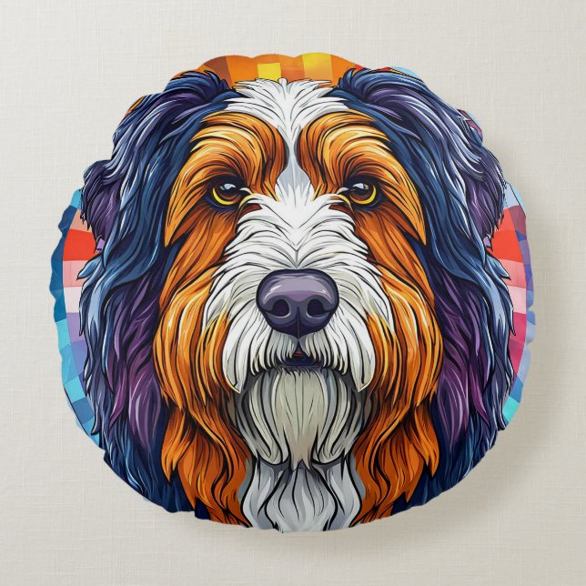 Colourful Artistic Portrait of a Dog Round Cushion (Front)