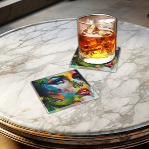 Colourful Artistic Woman's Face Glass Coasters