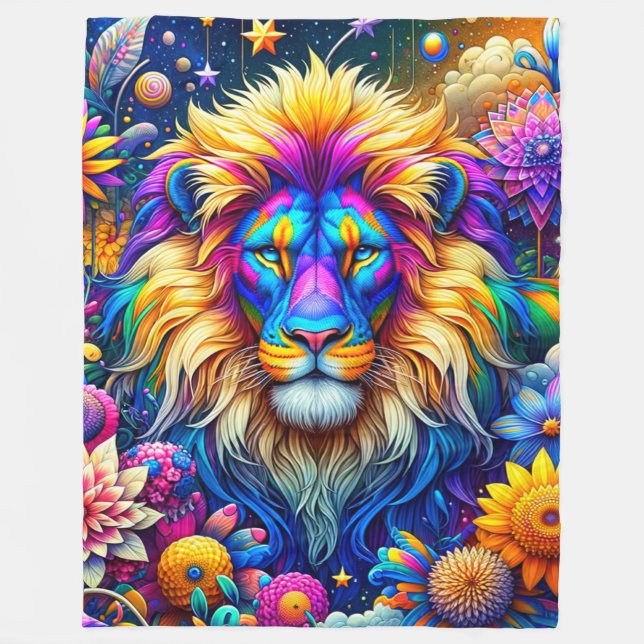 Colourful Artsy Lion Fleece Blanket (Front)