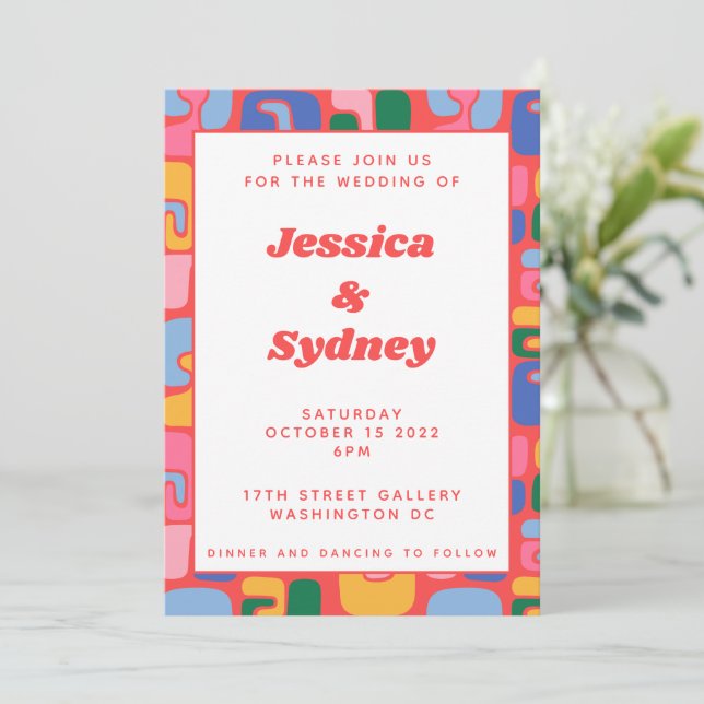 Colourful Artsy Modern Abstract Red Shapes Wedding Invitation (Standing Front)