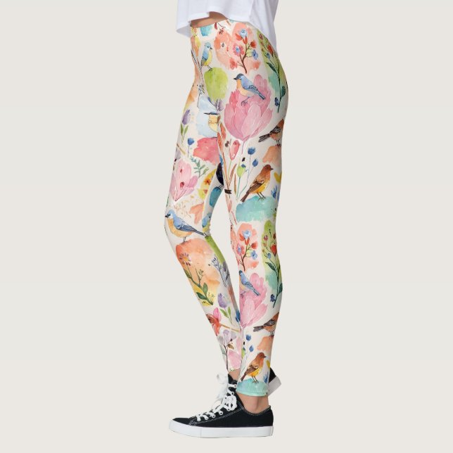 Colourful Arty Birds and Flowers Watercolor Leggings (Left)