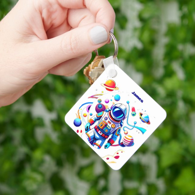 Colourful Astronaut and Univers in Bold Colours Key Ring (Hand)