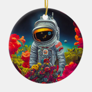 Colourful Astronaut in Space with Flowers Artwork Ceramic Ornament