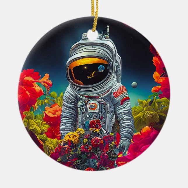 Colourful Astronaut in Space with Flowers Artwork  Ceramic Ornament (Front)