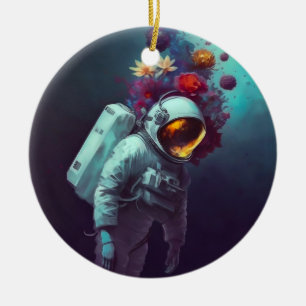 Colourful Astronaut in Space with Flowers Artwork Ceramic Ornament