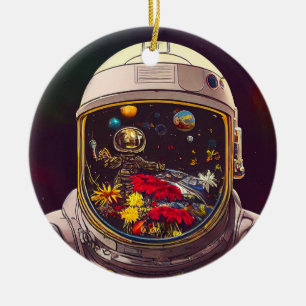 Colourful Astronaut in Space with Flowers Artwork Ceramic Ornament