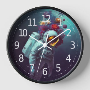 Colourful Astronaut in Space with Flowers Artwork  Clock