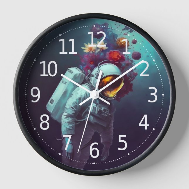 Colourful Astronaut in Space with Flowers Artwork  Clock (Front)
