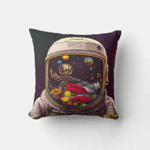 Colourful Astronaut in Space with Flowers Artwork Cushion