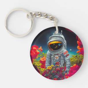 Colourful Astronaut in Space with Flowers Artwork  Key Ring
