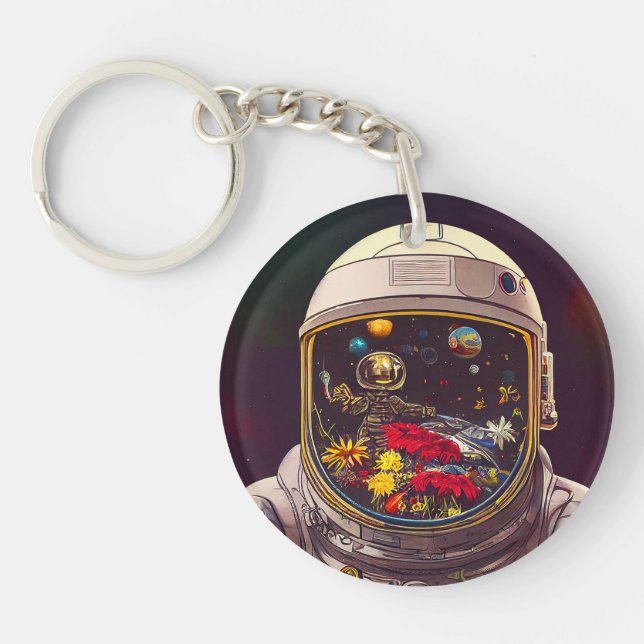 Colourful Astronaut in Space with Flowers Artwork  Key Ring (Front)