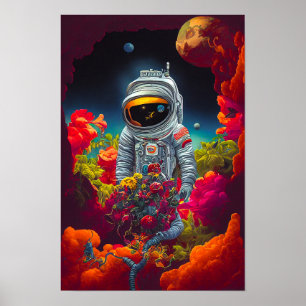 Colourful Astronaut in Space with Flowers Artwork  Poster