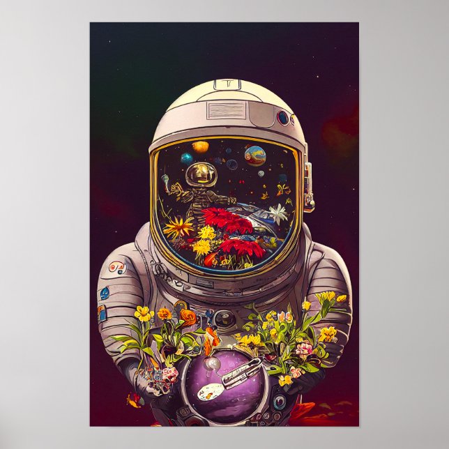 Colourful Astronaut in Space with Flowers Artwork  Poster (Front)