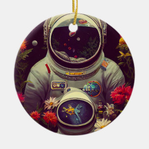Colourful Astronauts in Space with Flowers Artwork Ceramic Ornament