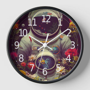 Colourful Astronauts in Space with Flowers Artwork Clock
