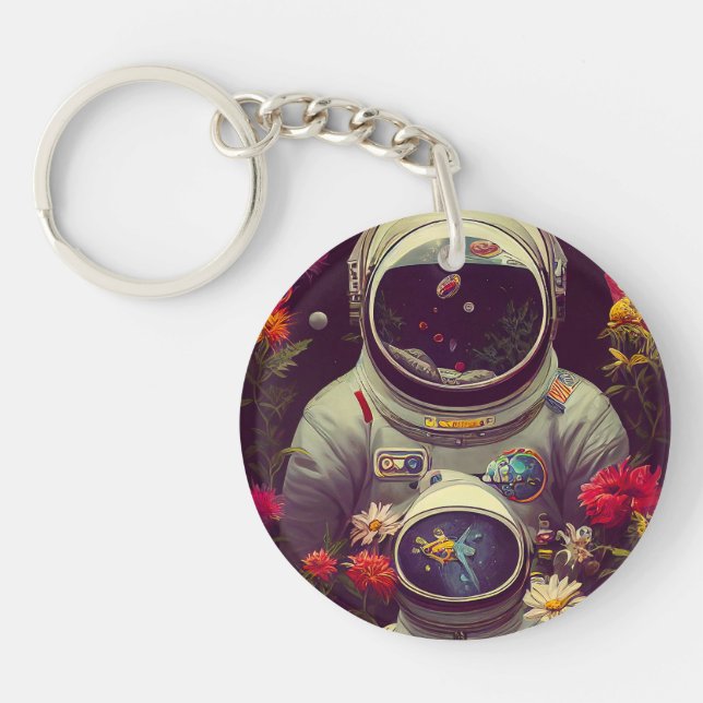 Colourful Astronauts in Space with Flowers Artwork Key Ring (Front)