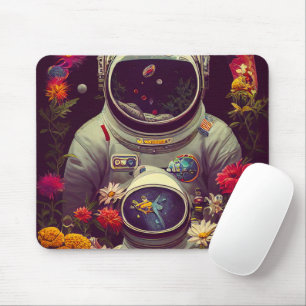Colourful Astronauts in Space with Flowers Artwork Mouse Pad