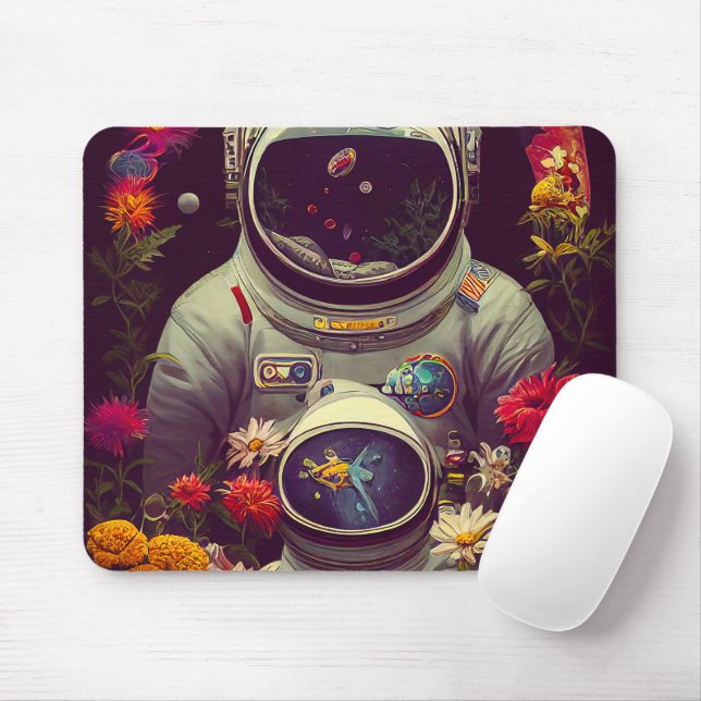 Colourful Astronauts in Space with Flowers Artwork Mouse Pad (With Mouse)