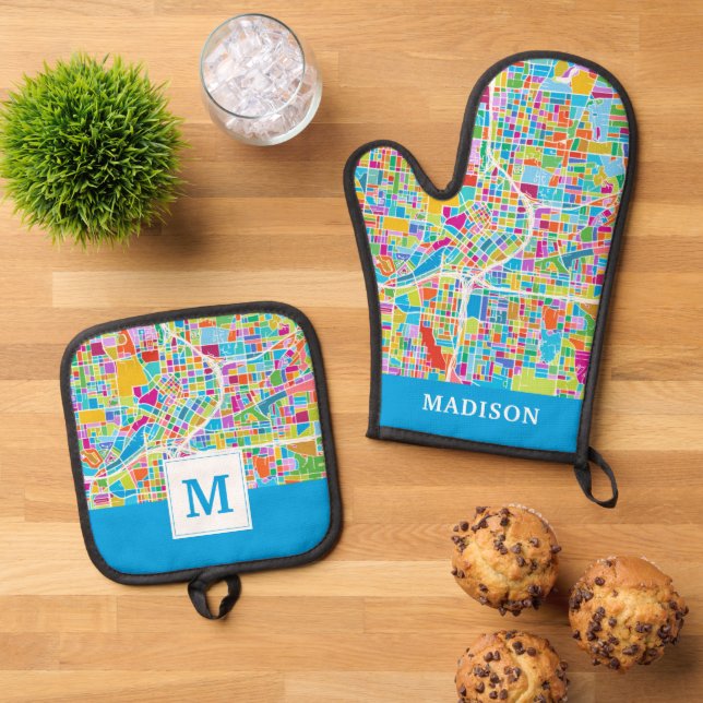 Colourful Atlanta Map Oven Mitt & Pot Holder Set (Top Down)
