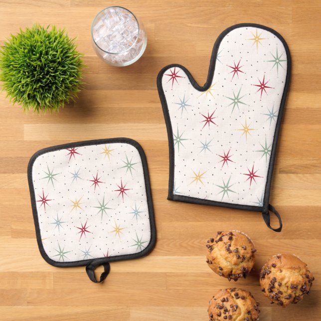 Colourful Atomic Starburst Pattern Mid-century Oven Mitt & Pot Holder Set (Top Down)