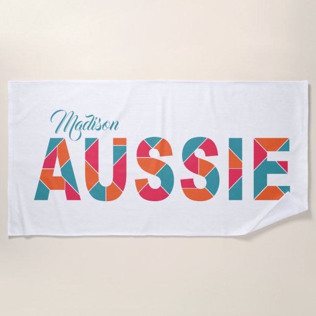 Colourful AUSSIE custom name beach towel (Front)