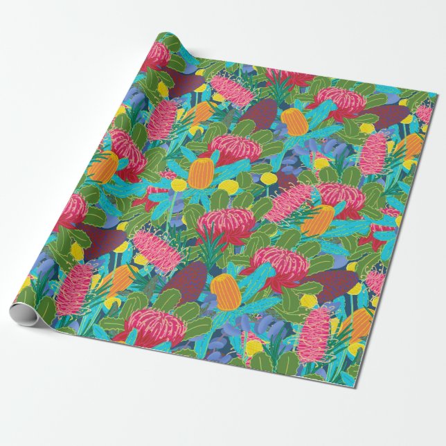 Colourful Australian Native Flowers wrapping paper (Unrolled)