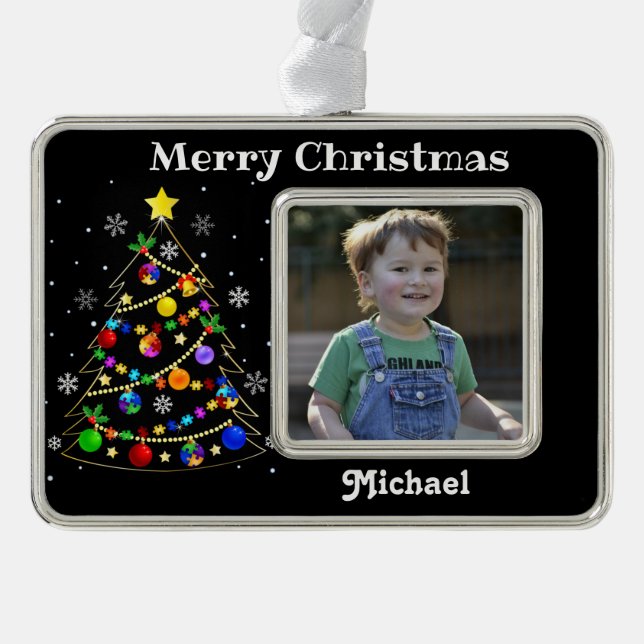 Colourful Autism Christmas Tree Silver Plated Framed Ornament (Front)