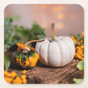 Colourful Autumn Bounty White Pumpkin Square Paper Coaster