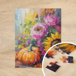 Colourful Autumn Floral and Pumpkins Jigsaw Puzzle<br><div class="desc">A vibrant, modern abstract painting showcasing a playful arrangement of pumpkins, sunflowers, and other fall foliage. Rich autumn hues like burnt orange, deep reds, pinks and golden yellows blend with soft brushstrokes and bold splashes of colour. The abstract style adds a contemporary flair to the traditional fall harvest theme, capturing...</div>