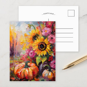Colourful Autumn Floral and Pumpkins Postcard