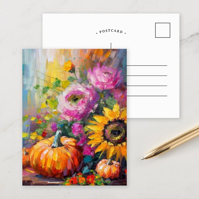 Colourful Autumn Floral and Pumpkins Postcard (Creator Uploaded)
