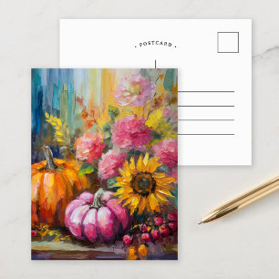 Colourful Autumn Floral and Pumpkins Postcard