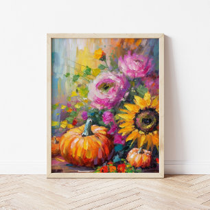 Colourful Autumn Floral and Pumpkins Poster