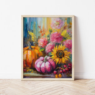 Colourful Autumn Floral and Pumpkins Poster