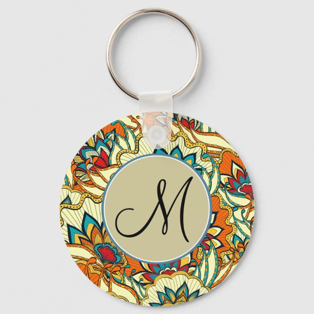 Colourful Autumn Floral Pattern Monogrammed Key Ring (Front)
