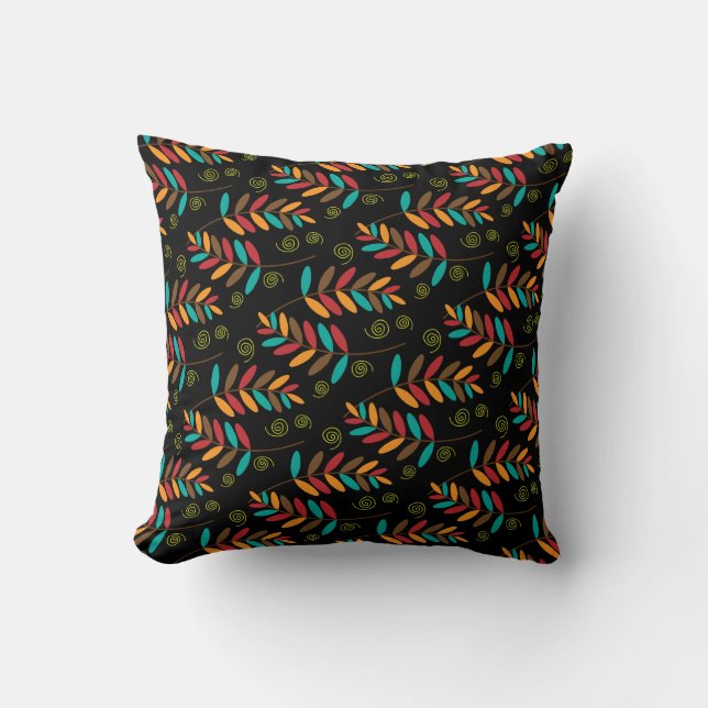 Colourful Autumn Leaf Pattern on Black Cushion (Front)