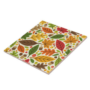 Colourful Autumn Leaves and Acorns Pattern Ceramic Tile