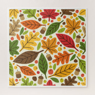 Colourful Autumn Leaves and Acorns Pattern Jigsaw Puzzle