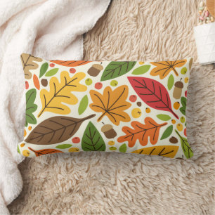 Colourful Autumn Leaves and Acorns Pattern Lumbar Cushion