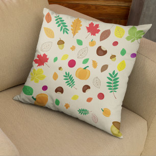 Colourful Autumn Leaves Berries Pumpkin Pattern Cushion