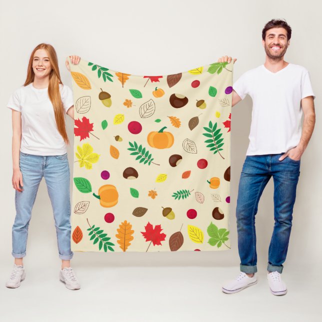Colourful Autumn Leaves Berries Pumpkin Pattern Fleece Blanket (In Situ)
