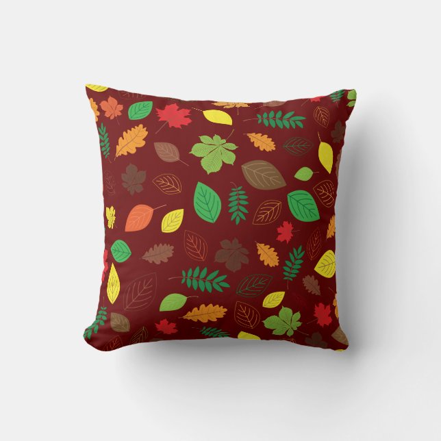 Colourful Autumn Leaves Burgundy Pattern Cushion (Front)