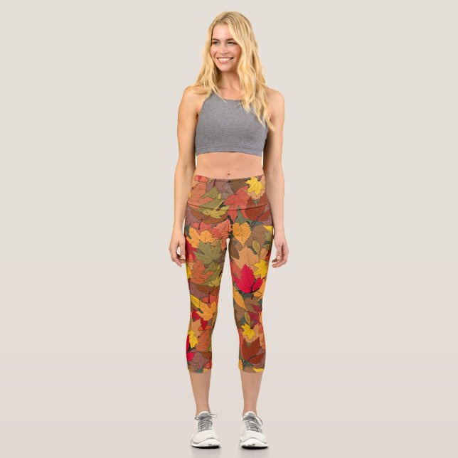 Colourful autumn leaves capri leggings (Front)