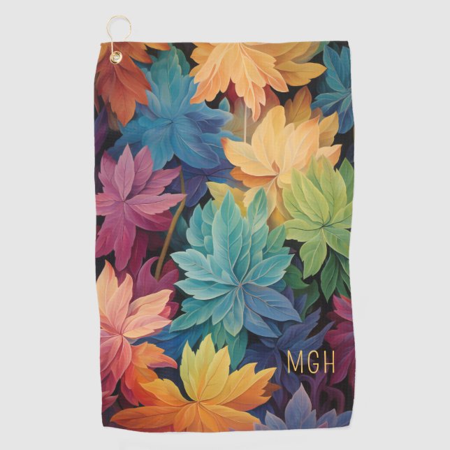 Colourful Autumn Leaves Custom Monogram Golf Towel (Front)